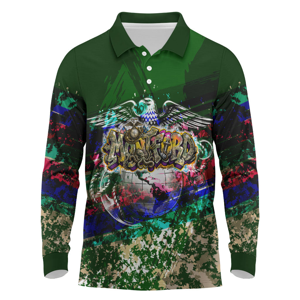 Montford Point Marines 1942 The First 20000 Long Sleeve Polo Shirt Vintage Vinyl Record Camouflage Graffiti Art
