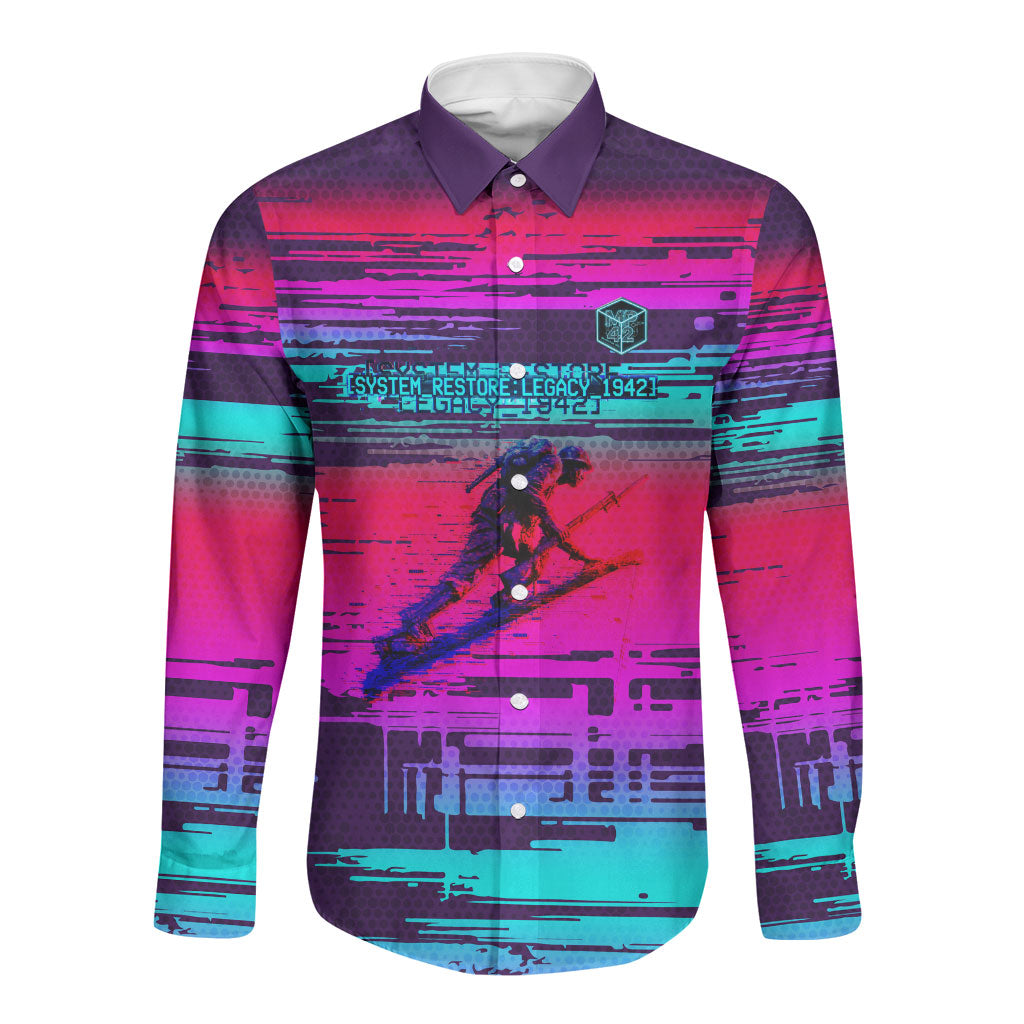 Montford Point Marines Legacy 1942 Long Sleeve Button Shirt The Right To Fight Retro Glitch Vaporwave Art