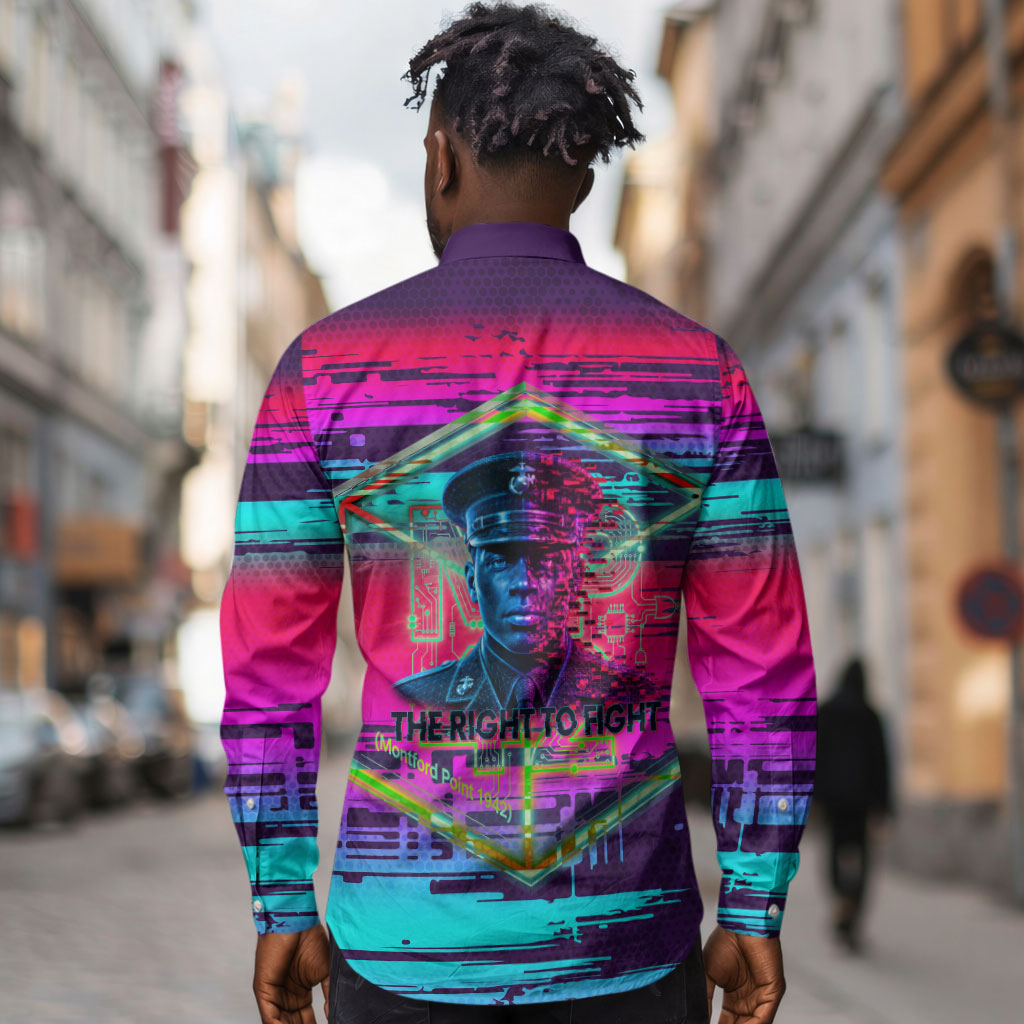 Montford Point Marines Legacy 1942 Long Sleeve Button Shirt The Right To Fight Retro Glitch Vaporwave Art