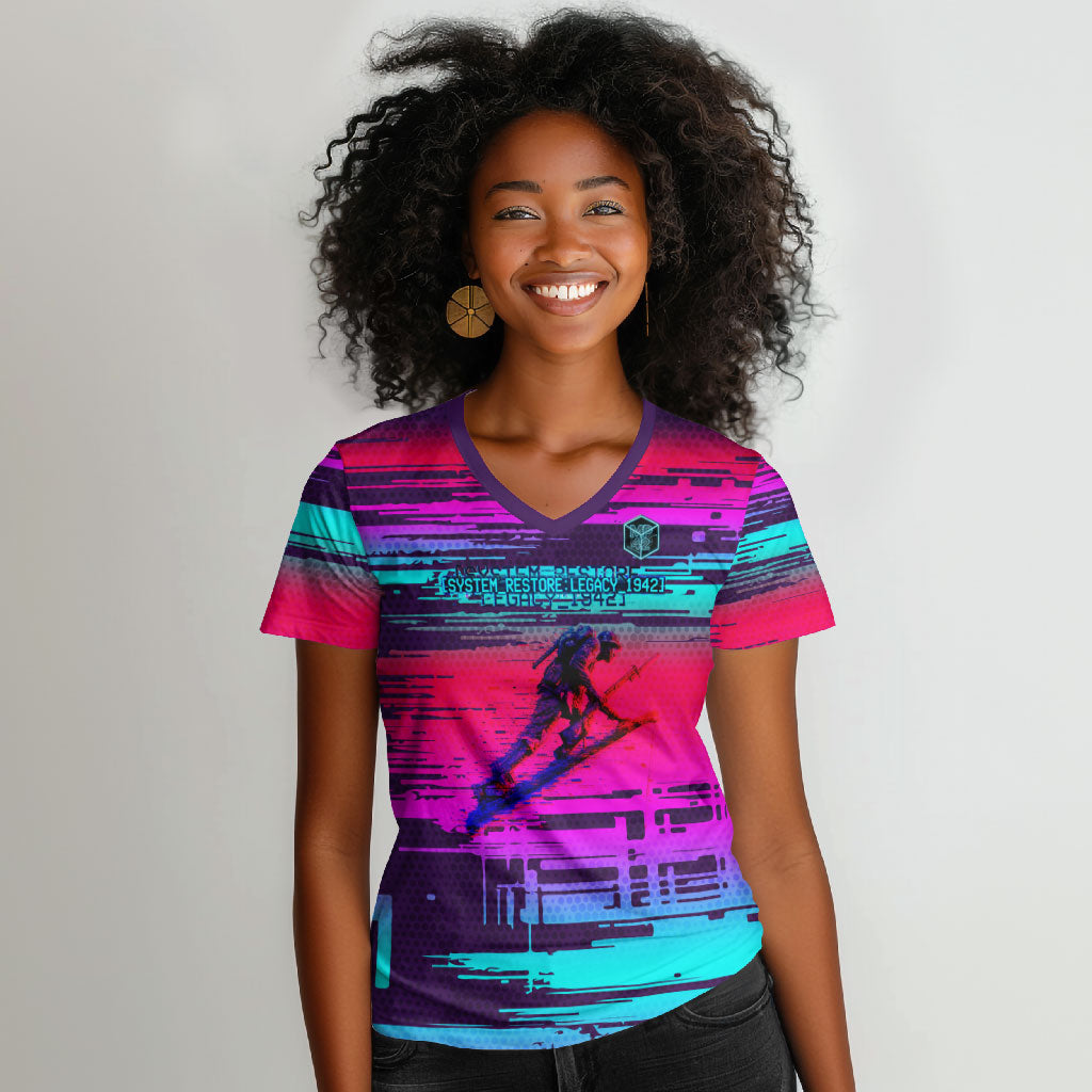 Montford Point Marines Legacy 1942 Women V-Neck T-Shirt The Right To Fight Retro Glitch Vaporwave Art