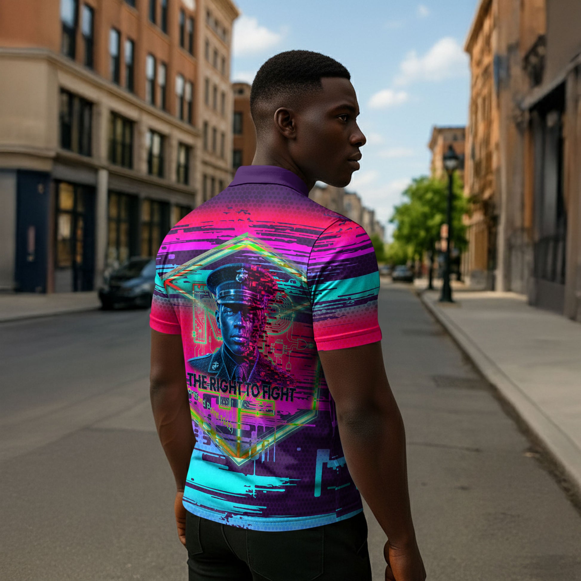 Montford Point Marines Legacy 1942 Zipper Polo Shirt The Right To Fight Retro Glitch Vaporwave Art