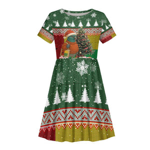 Guinea Bissau Christmas Kid Short Sleeve Dress Santa Penguin Christmas Tree and Snowflake - African Pride