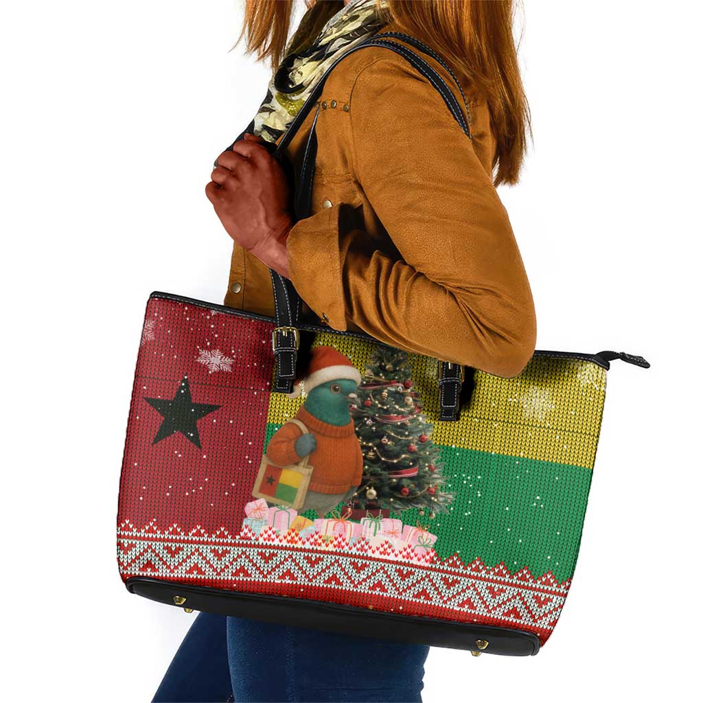 Guinea Bissau Christmas Leather Tote Bag Santa Penguin Christmas Tree and Snowflake - African Pride