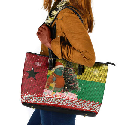 Guinea Bissau Christmas Leather Tote Bag Santa Penguin Christmas Tree and Snowflake - African Pride
