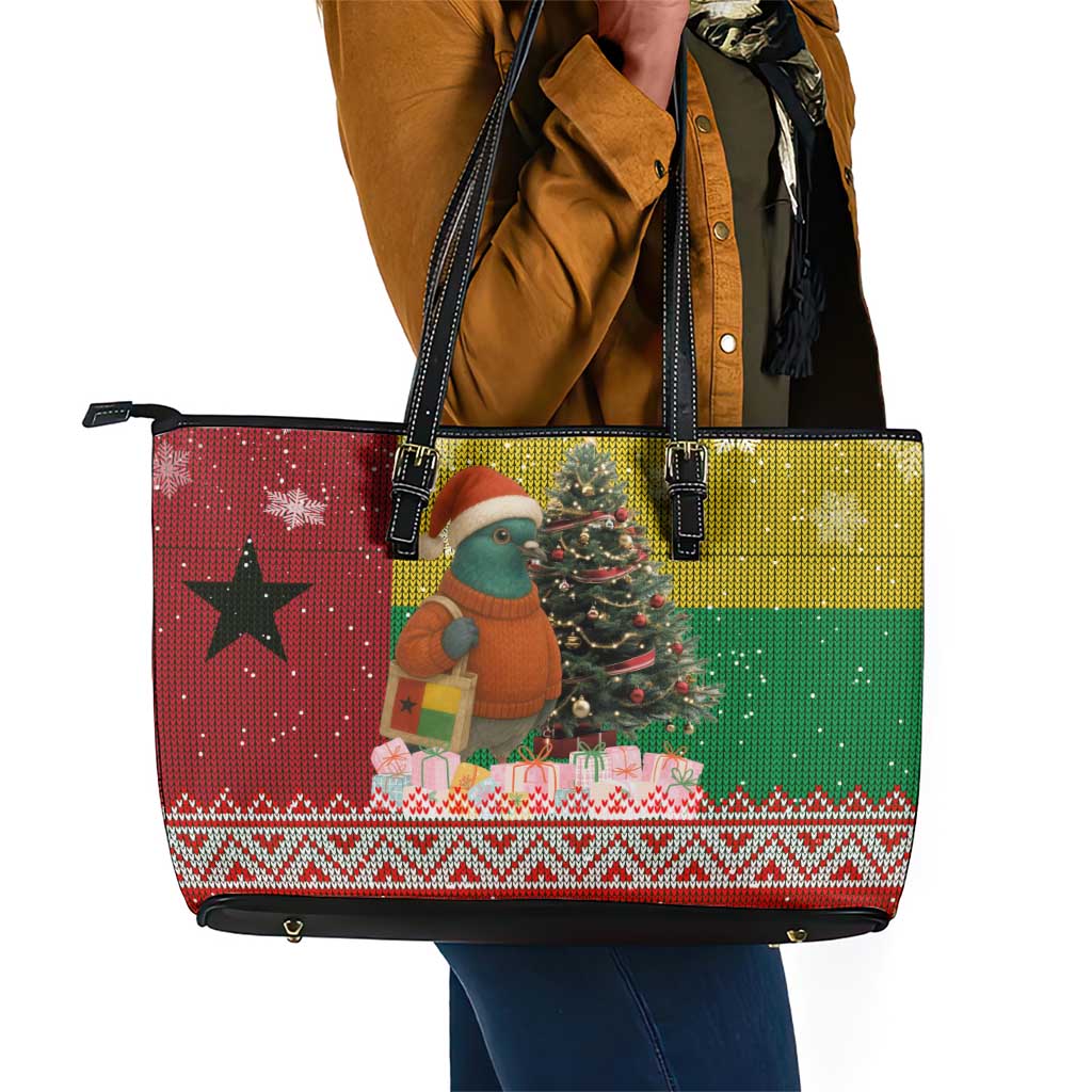 Guinea Bissau Christmas Leather Tote Bag Santa Penguin Christmas Tree and Snowflake - African Pride