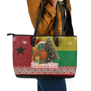 Guinea Bissau Christmas Leather Tote Bag Santa Penguin Christmas Tree and Snowflake - African Pride