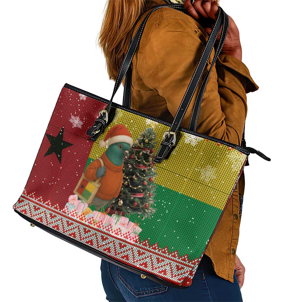 Guinea Bissau Christmas Leather Tote Bag Santa Penguin Christmas Tree and Snowflake - African Pride