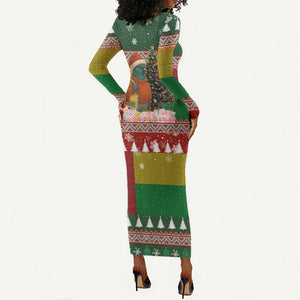 Guinea Bissau Christmas Long Sleeve Bodycon Dress Santa Penguin Christmas Tree and Snowflake - African Pride