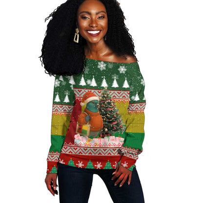 Guinea Bissau Christmas Off Shoulder Sweater Santa Penguin Christmas Tree and Snowflake - African Pride