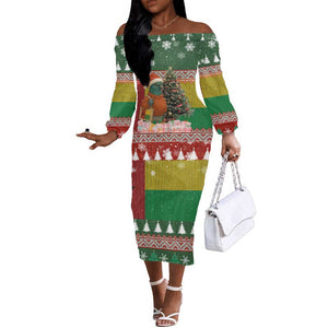 Guinea Bissau Christmas Off The Shoulder Long Sleeve Dress Santa Penguin Christmas Tree and Snowflake - African Pride