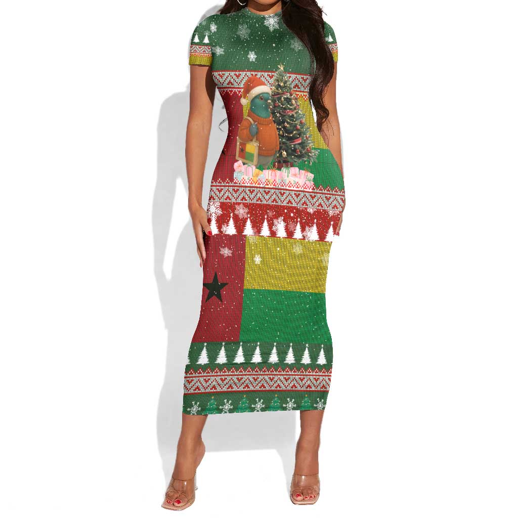 Guinea Bissau Christmas Short Sleeve Bodycon Dress Santa Penguin Christmas Tree and Snowflake - African Pride