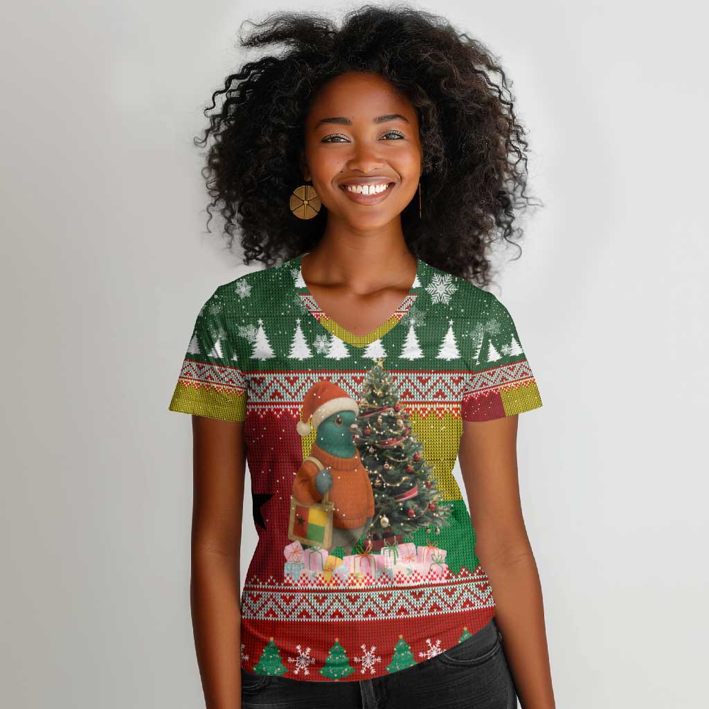 Guinea Bissau Christmas Women V-Neck T-Shirt Santa Penguin Christmas Tree and Snowflake - African Pride