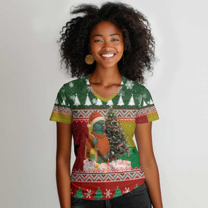 Guinea Bissau Christmas Women V-Neck T-Shirt Santa Penguin Christmas Tree and Snowflake - African Pride