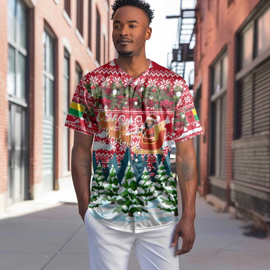 Guinea Bissau Christmas Baseball Jersey Santa Sleigh Reindeer Forest and National Flag - African Pride