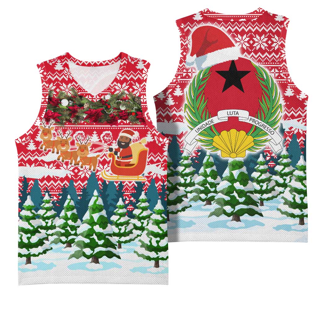Guinea Bissau Christmas Basketball Jersey Santa Sleigh Reindeer Forest and National Flag - African Pride