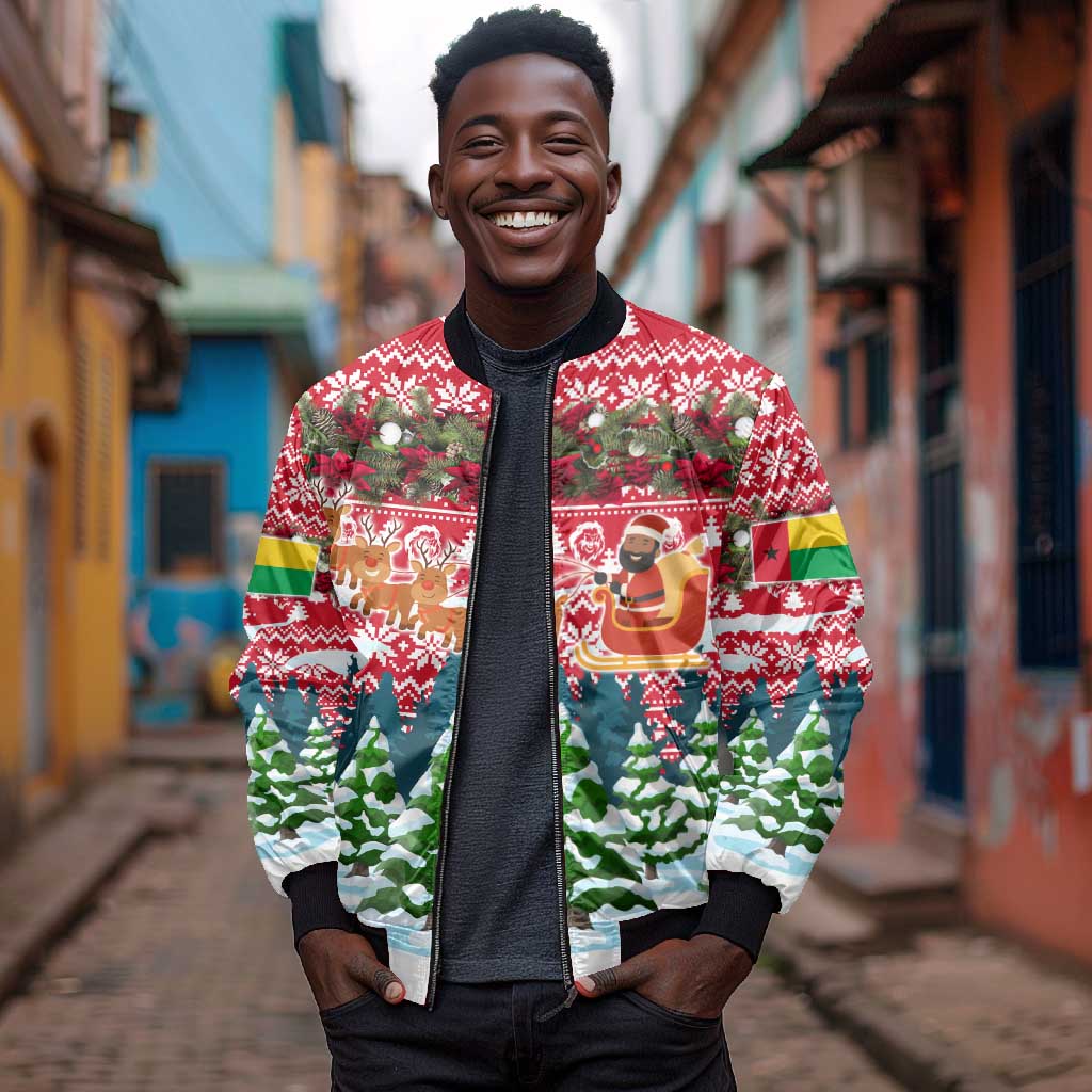 Guinea Bissau Christmas Bomber Jacket Santa Sleigh Reindeer Forest and National Flag - African Pride