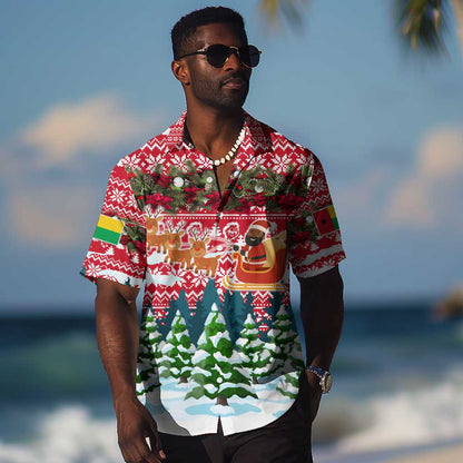 Guinea Bissau Christmas Hawaiian Shirt Santa Sleigh Reindeer Forest and National Flag - African Pride