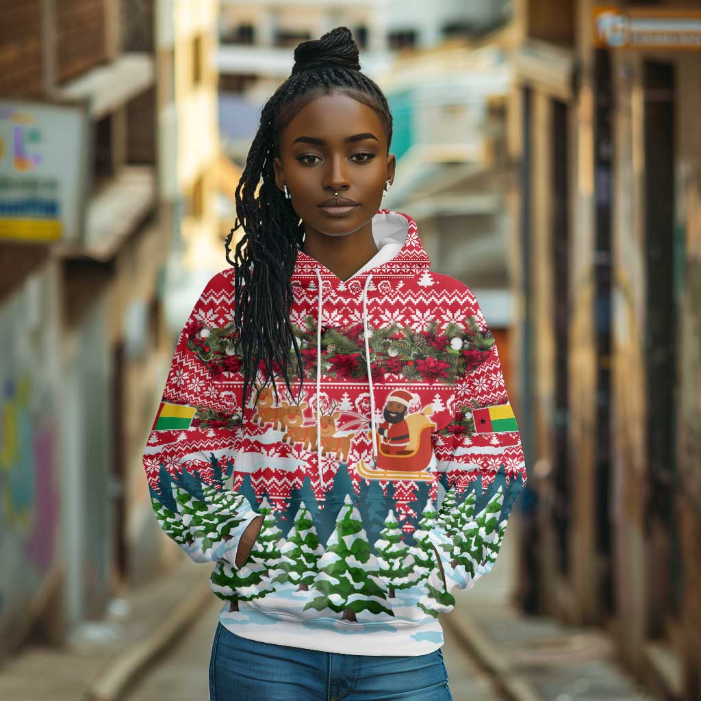 Guinea Bissau Christmas Hoodie Santa Sleigh Reindeer Forest and National Flag - African Pride