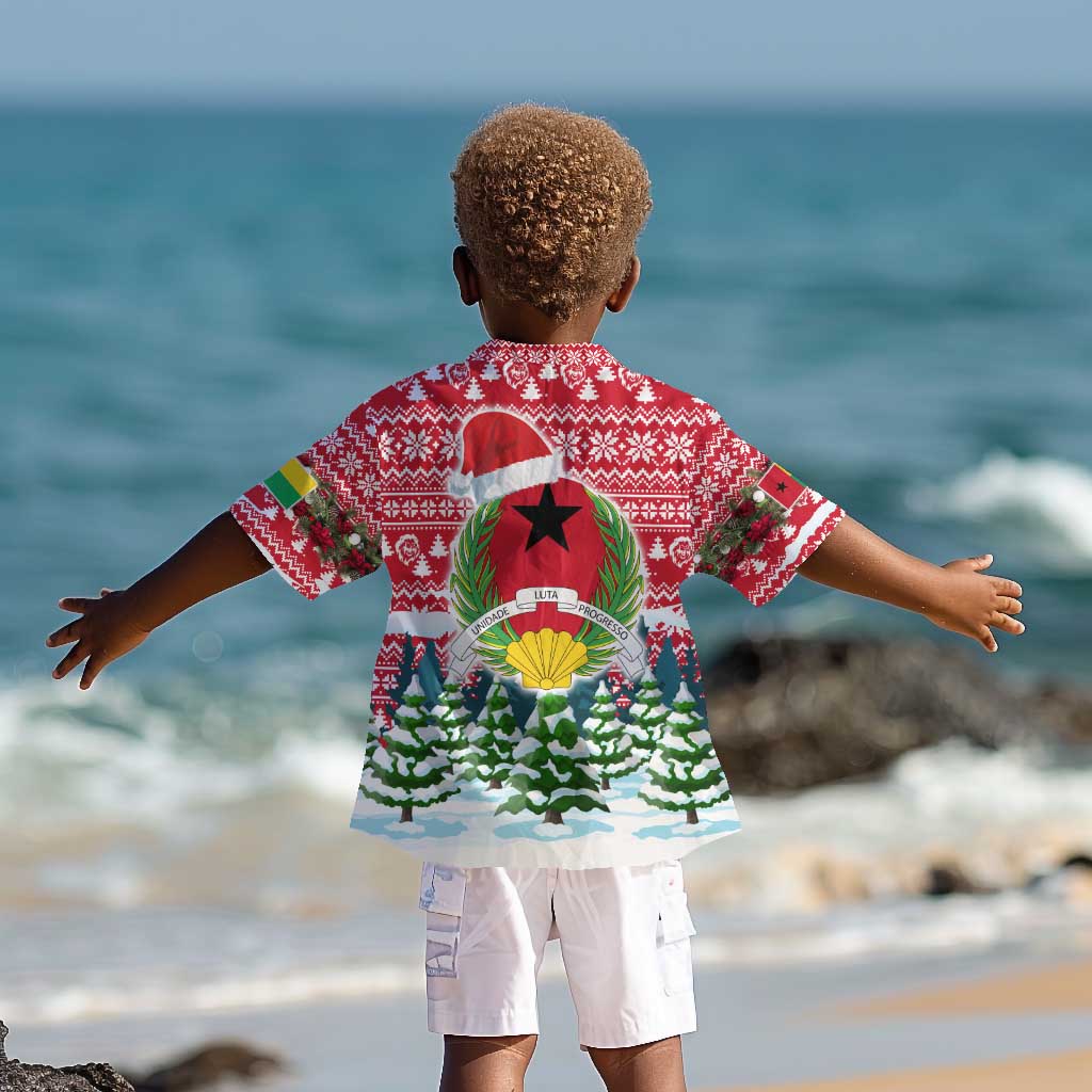 Guinea Bissau Christmas Kid Hawaiian Shirt Santa Sleigh Reindeer Forest and National Flag - African Pride