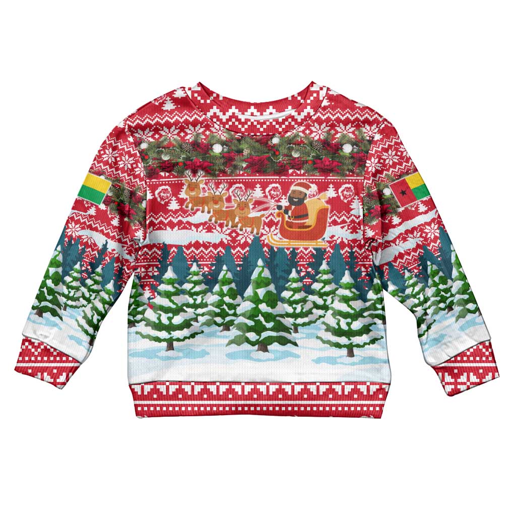 Guinea Bissau Christmas Kid Ugly Christmas Sweater Santa Sleigh Reindeer Forest and National Flag - African Pride