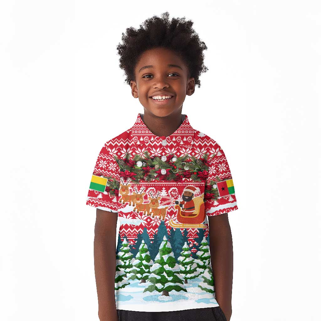 Guinea Bissau Christmas Kid Polo Shirt Santa Sleigh Reindeer Forest and National Flag - African Pride