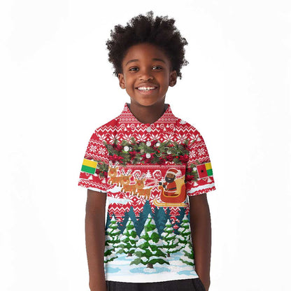 Guinea Bissau Christmas Kid Polo Shirt Santa Sleigh Reindeer Forest and National Flag - African Pride