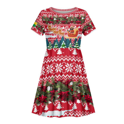 Guinea Bissau Christmas Kid Short Sleeve Dress Santa Sleigh Reindeer Forest and National Flag - African Pride