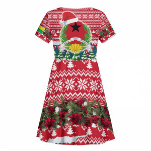 Guinea Bissau Christmas Kid Short Sleeve Dress Santa Sleigh Reindeer Forest and National Flag - African Pride