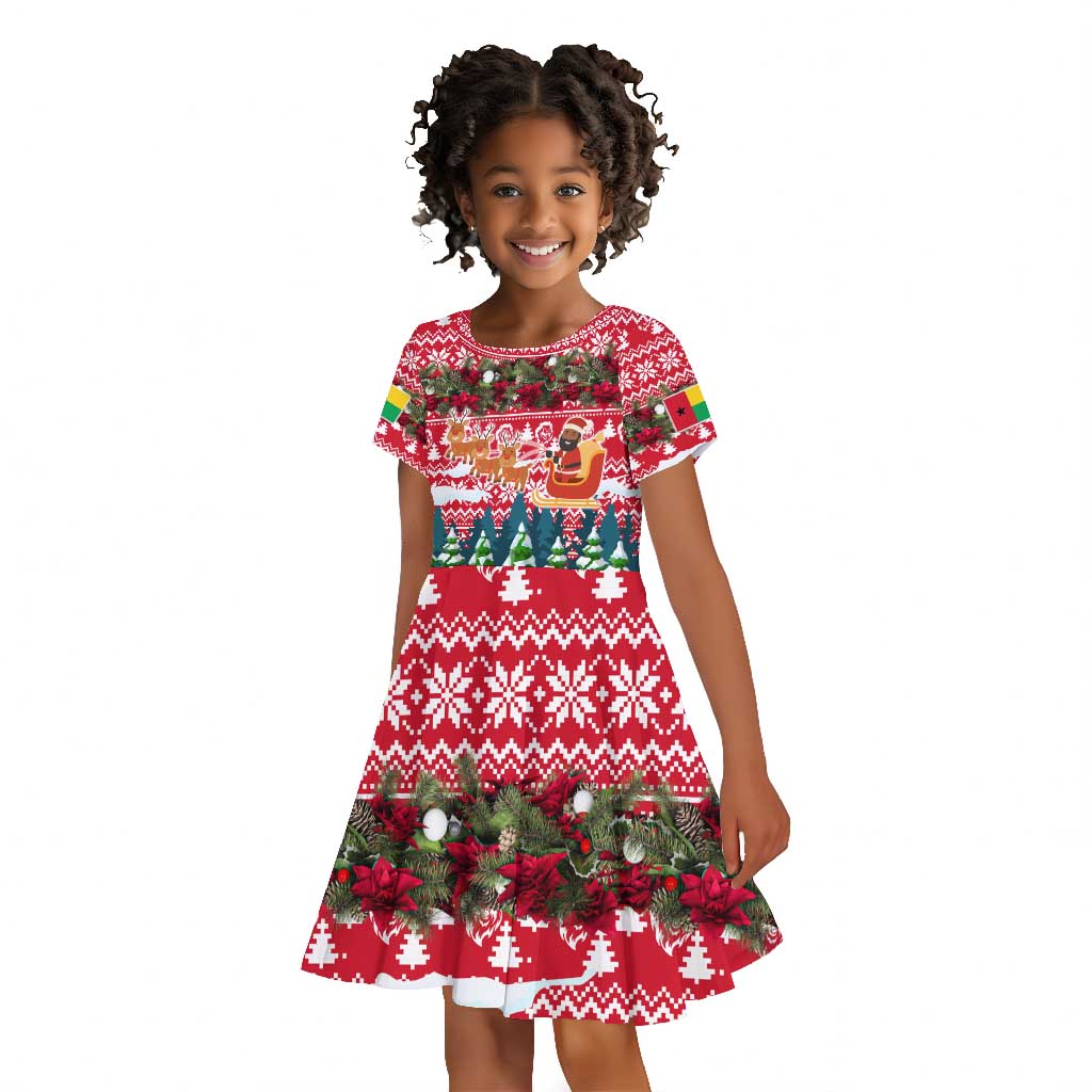 Guinea Bissau Christmas Kid Short Sleeve Dress Santa Sleigh Reindeer Forest and National Flag - African Pride