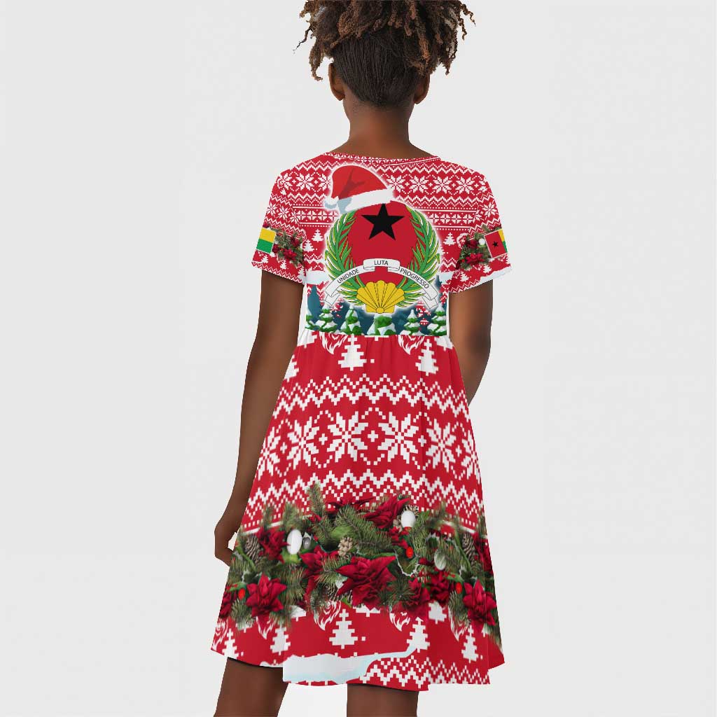 Guinea Bissau Christmas Kid Short Sleeve Dress Santa Sleigh Reindeer Forest and National Flag - African Pride