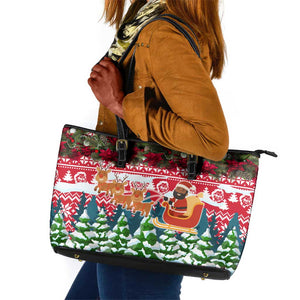 Guinea Bissau Christmas Leather Tote Bag Santa Sleigh Reindeer Forest and National Flag - African Pride