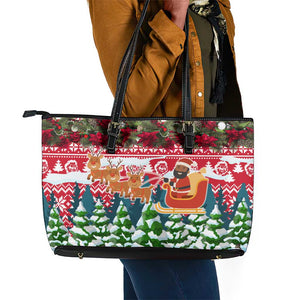 Guinea Bissau Christmas Leather Tote Bag Santa Sleigh Reindeer Forest and National Flag - African Pride