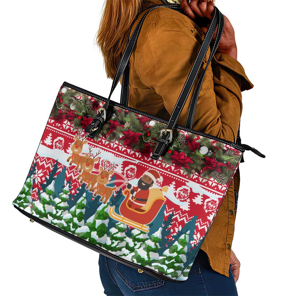 Guinea Bissau Christmas Leather Tote Bag Santa Sleigh Reindeer Forest and National Flag - African Pride