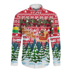 Guinea Bissau Christmas Long Sleeve Button Shirt Santa Sleigh Reindeer Forest and National Flag - African Pride