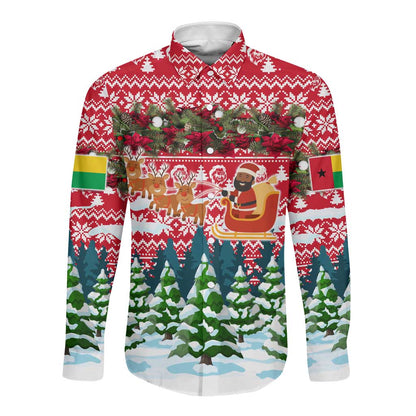 Guinea Bissau Christmas Long Sleeve Button Shirt Santa Sleigh Reindeer Forest and National Flag - African Pride