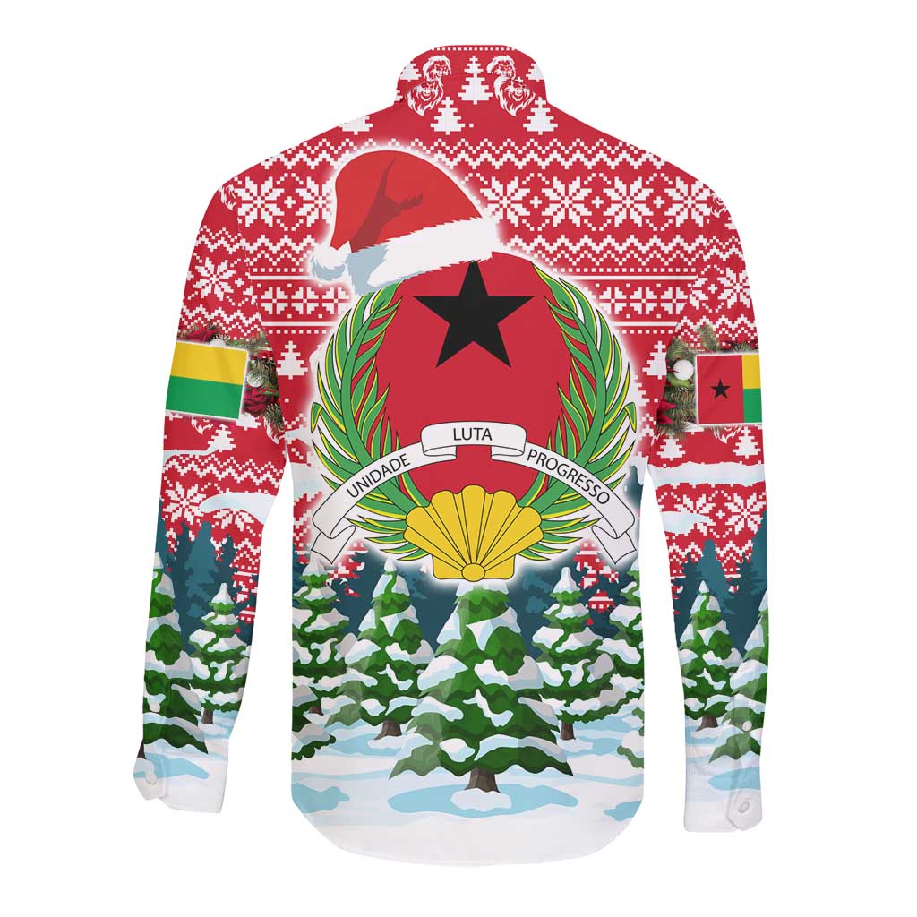 Guinea Bissau Christmas Long Sleeve Button Shirt Santa Sleigh Reindeer Forest and National Flag - African Pride