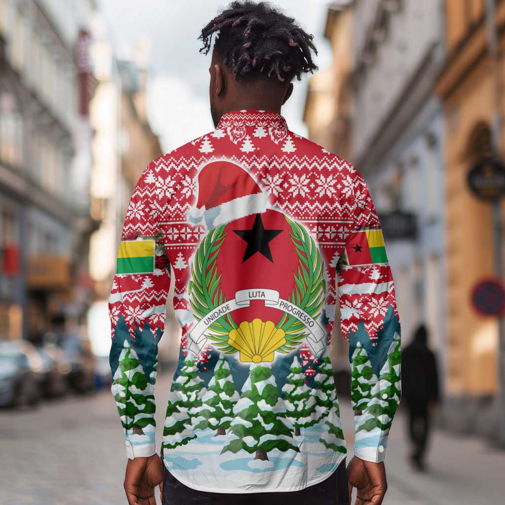 Guinea Bissau Christmas Long Sleeve Button Shirt Santa Sleigh Reindeer Forest and National Flag - African Pride