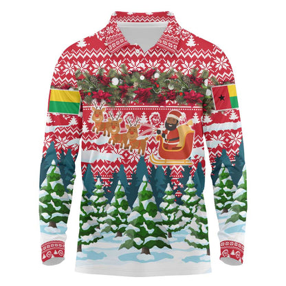 Guinea Bissau Christmas Long Sleeve Polo Shirt Santa Sleigh Reindeer Forest and National Flag - African Pride