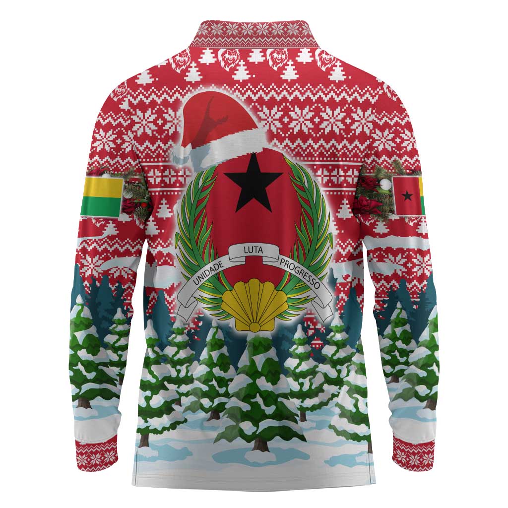 Guinea Bissau Christmas Long Sleeve Polo Shirt Santa Sleigh Reindeer Forest and National Flag - African Pride