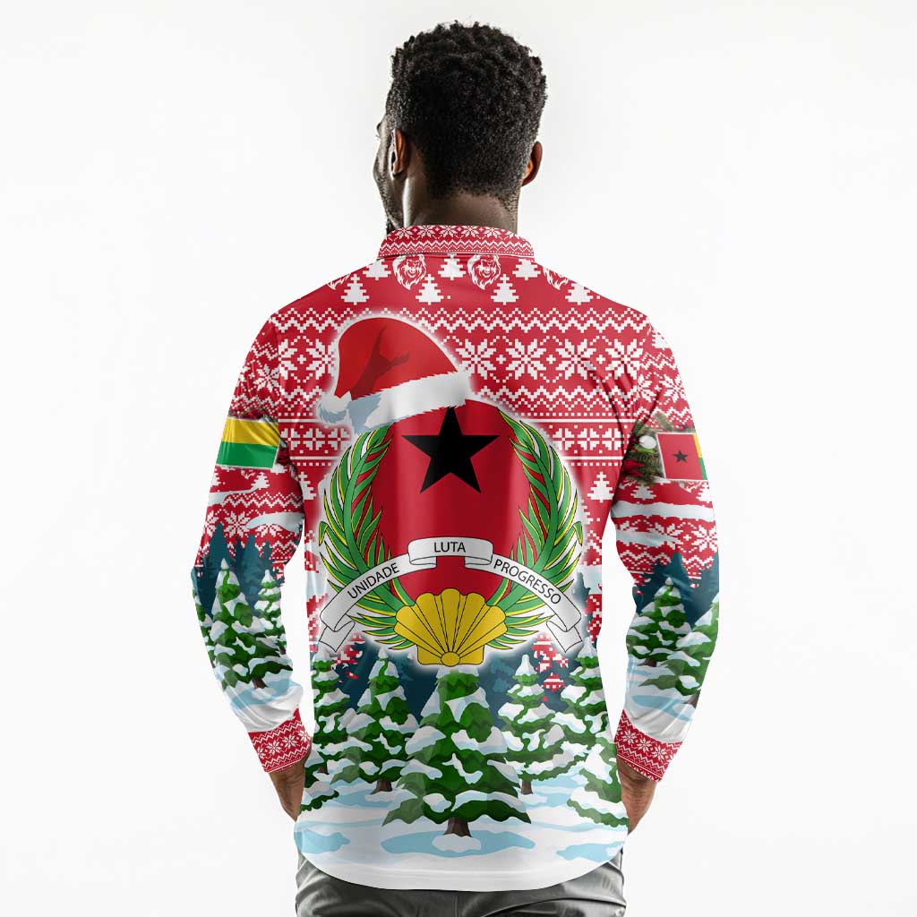 Guinea Bissau Christmas Long Sleeve Polo Shirt Santa Sleigh Reindeer Forest and National Flag - African Pride