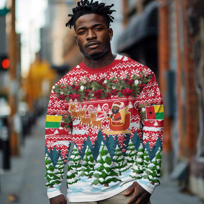 Guinea Bissau Christmas Long Sleeve Shirt Santa Sleigh Reindeer Forest and National Flag - African Pride