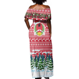 Guinea Bissau Christmas Off Shoulder Maxi Dress Santa Sleigh Reindeer Forest and National Flag - African Pride
