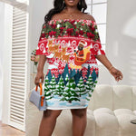 Guinea Bissau Christmas Off Shoulder Short Dress Santa Sleigh Reindeer Forest and National Flag - African Pride