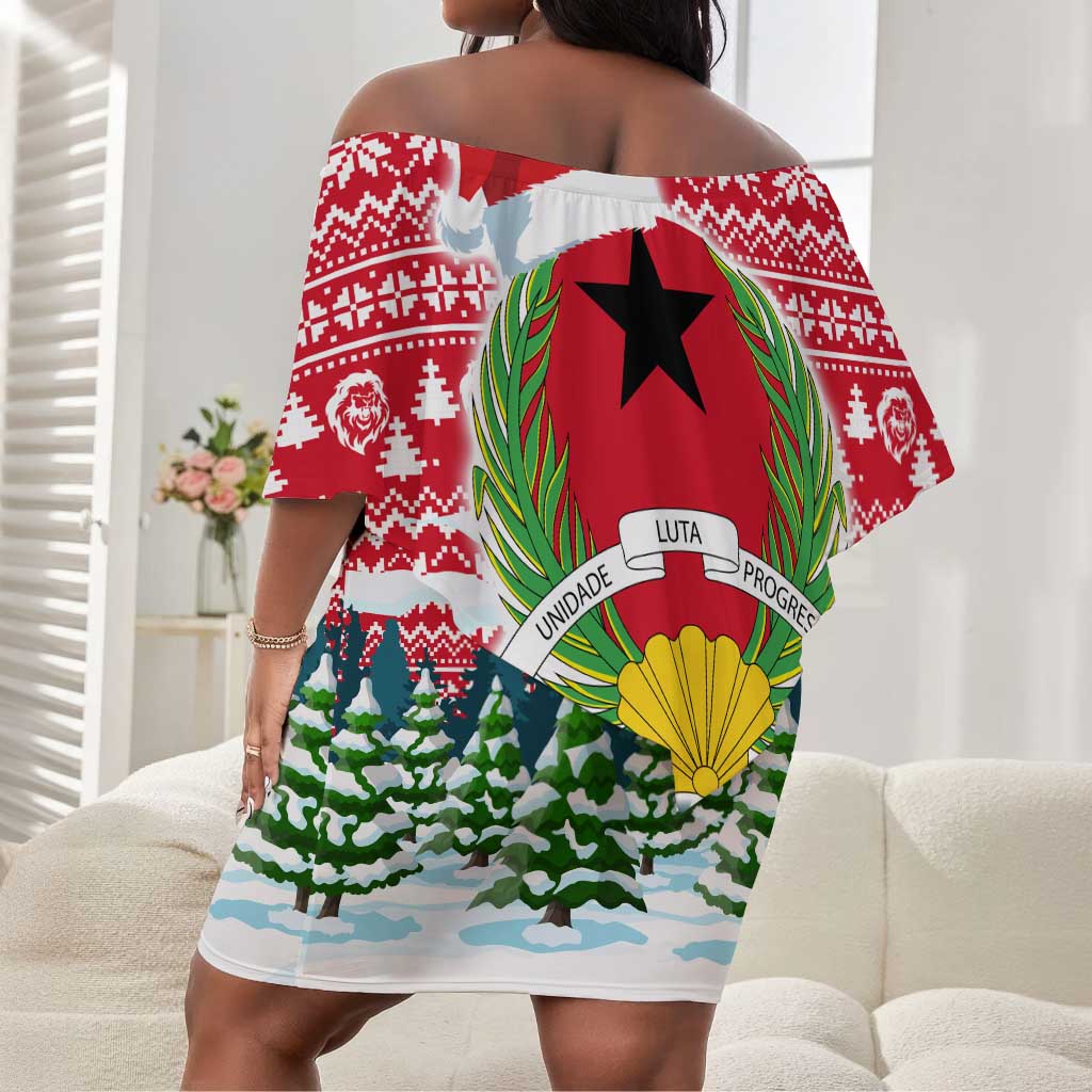 Guinea Bissau Christmas Off Shoulder Short Dress Santa Sleigh Reindeer Forest and National Flag - African Pride