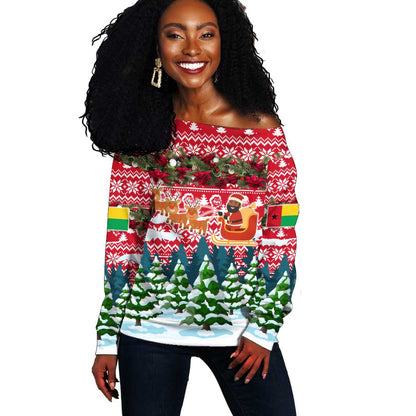 Guinea Bissau Christmas Off Shoulder Sweater Santa Sleigh Reindeer Forest and National Flag - African Pride