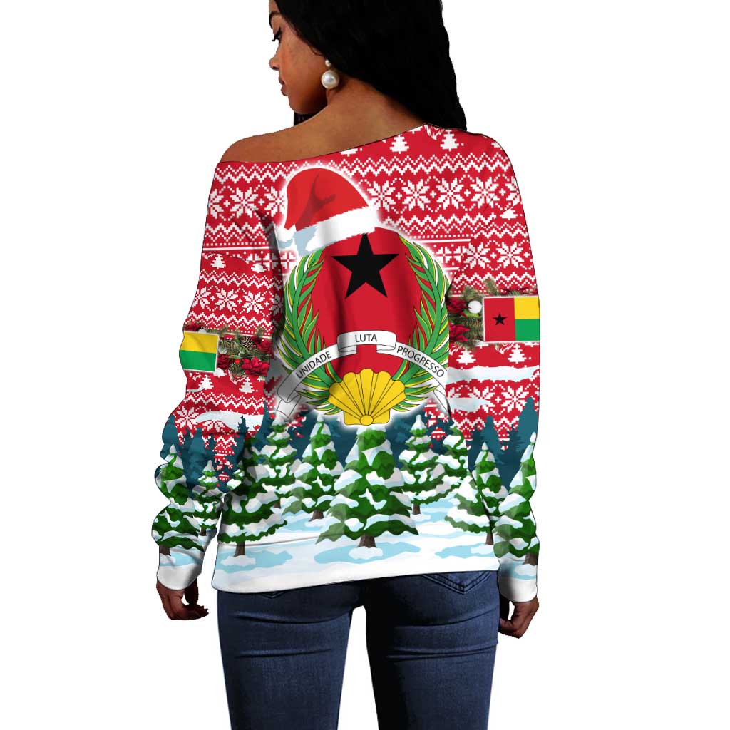 Guinea Bissau Christmas Off Shoulder Sweater Santa Sleigh Reindeer Forest and National Flag - African Pride