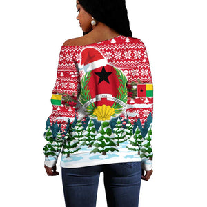 Guinea Bissau Christmas Off Shoulder Sweater Santa Sleigh Reindeer Forest and National Flag - African Pride
