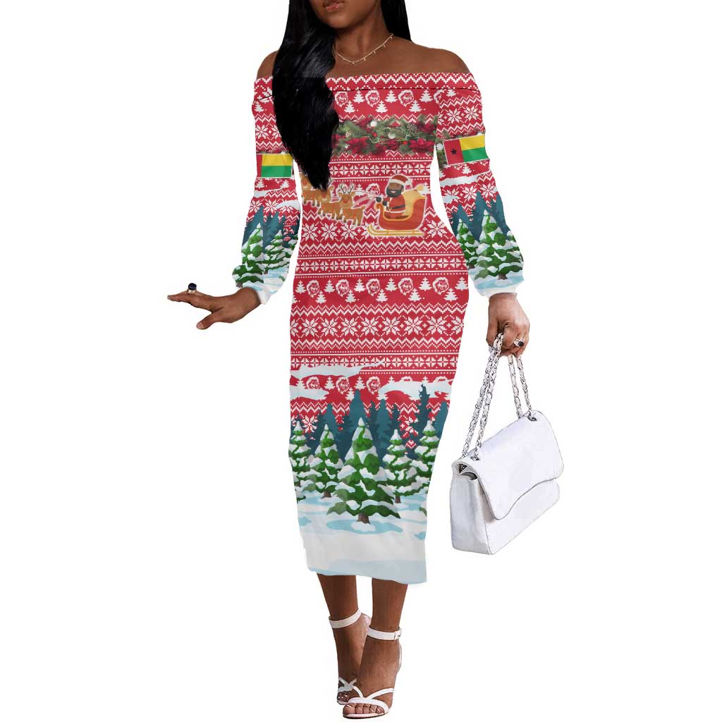 Guinea Bissau Christmas Off The Shoulder Long Sleeve Dress Santa Sleigh Reindeer Forest and National Flag - African Pride
