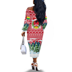 Guinea Bissau Christmas Off The Shoulder Long Sleeve Dress Santa Sleigh Reindeer Forest and National Flag - African Pride