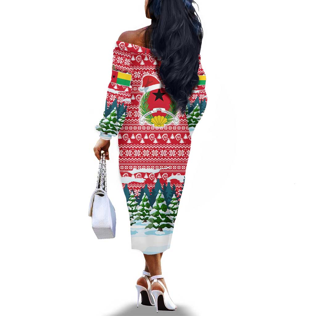 Guinea Bissau Christmas Off The Shoulder Long Sleeve Dress Santa Sleigh Reindeer Forest and National Flag - African Pride